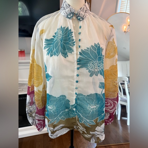 Floral sheer Button-Up Blouse - Multicolor - Picture 1 of 6